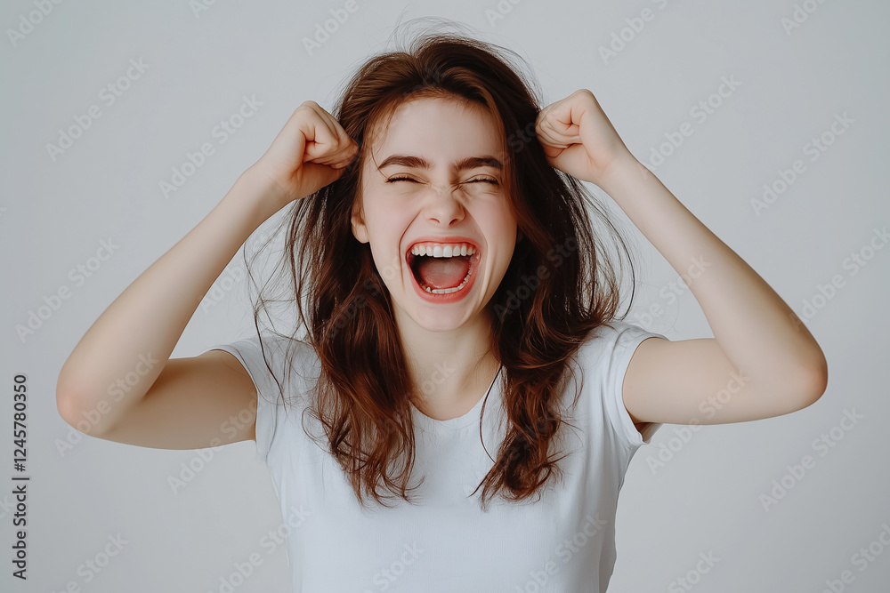 A waist-up studio portrait of a girl laughing uncontrollably, her head slightly tilted back A waist-up studio portrait of a girl laughing uncontrollably, her head slightly tilted back