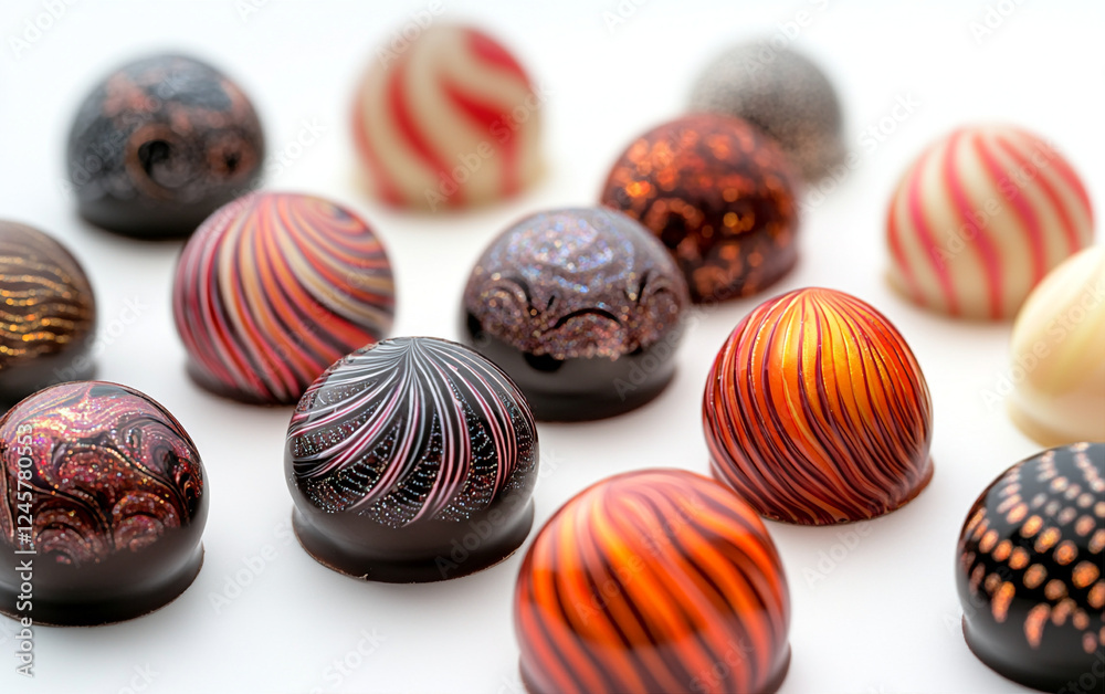 Obraz premium An assortment of dark and milk chocolate bonbons on a white background. Their glossy, intricate designs create a luxurious, inviting showcase of gourmet confectionery artistry.