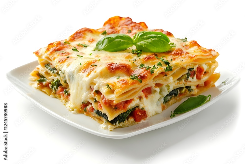 3D Render of Roasted Vegetable Lasagna with Melted Cheese, Isolated on White Background 3D Render of Roasted Vegetable Lasagna with Melted Cheese, Isolated on White Background