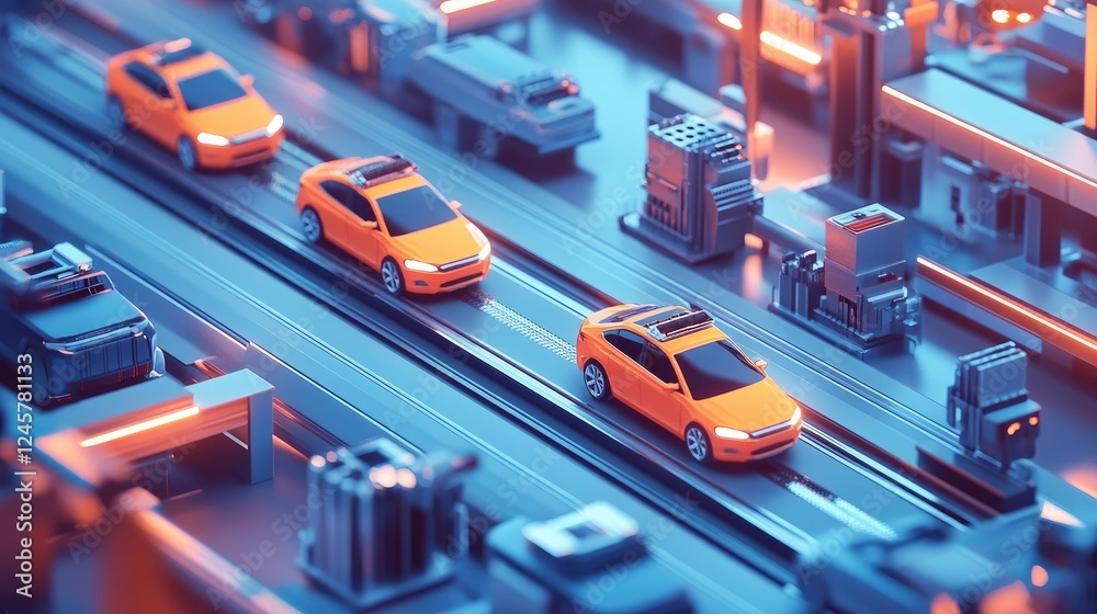A busy car manufacturing factory, with multiple vehicles in different stages of production on the assembly line, showcasing advanced automotive technology. A busy car manufacturing factory, with multiple vehicles in different stages of production on the assembly line, showcasing advanced automotive technology.