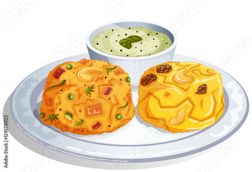 Chow Chow Bhath - Kesari Bhath and Upma or Khara Bath Served with Coconut Chutney on Plate. Popular Indian Karnataka Breakfast Cuisine