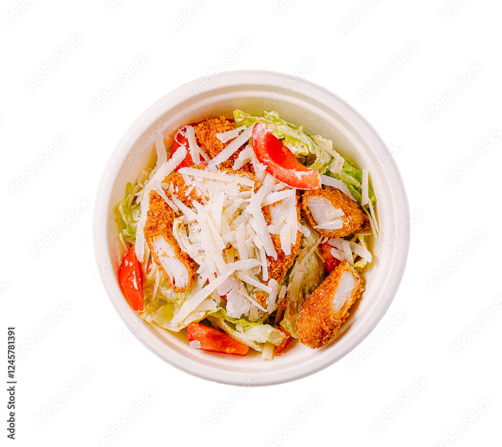 Fresh salad with crispy chicken, lettuce, tomatoes, and cheese prepared in a takeout bowl for a quick meal option Fresh salad with crispy chicken, lettuce, tomatoes, and cheese prepared in a takeout bowl for a quick meal option