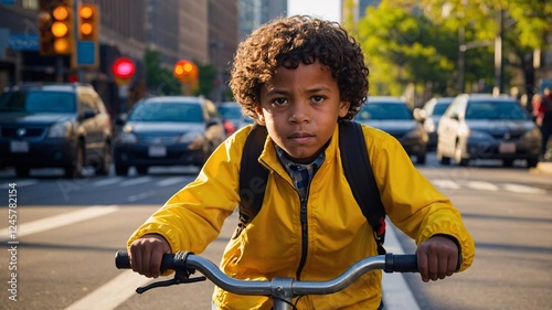 Young boy confidently cycles through city streets, showcasing determination and joy on a sunny afternoon filled with urban energy