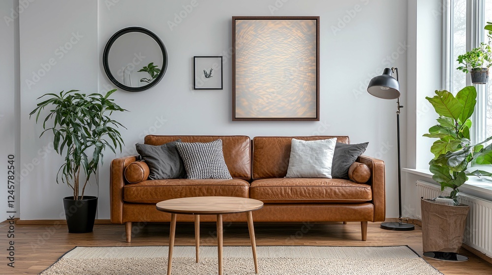 Fototapeta premium Modern Living Room Interior Design: Leather Sofa, Plants, and Chic Decor