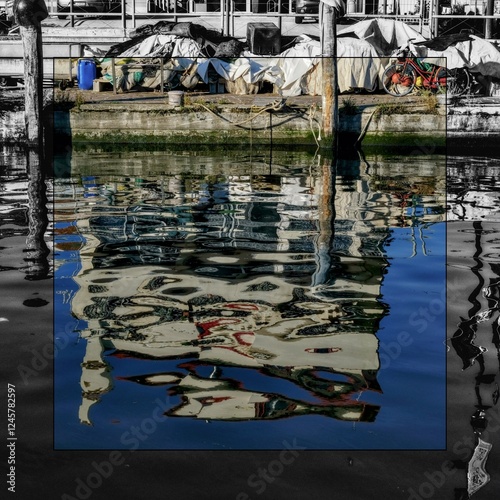 Cornice bianco e nero con foto a colori di riflessi porto di Caorle photo