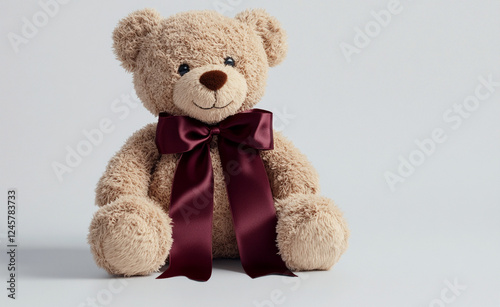 A cute teddy bear with a burgundy ribbon sits against a white background. Its soft, plush texture and adorable appearance make it a charming design for children's content or toy-themed designs.