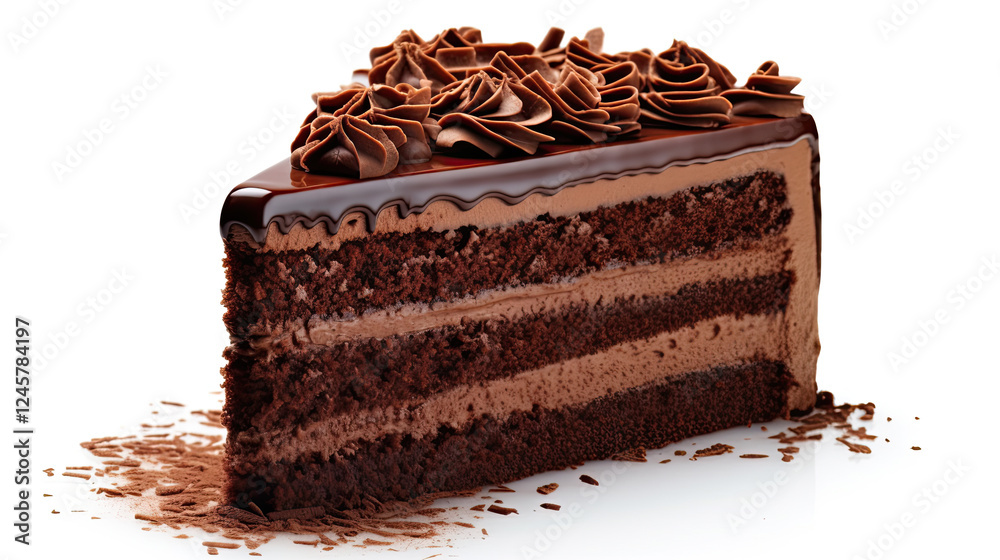 Obraz premium A decadent slice of rich, layered chocolate cake with chocolate frosting and shavings