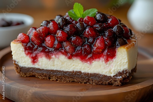 Delicious Berry Cheesecake Slice with Fresh Mint on Wooden Plate