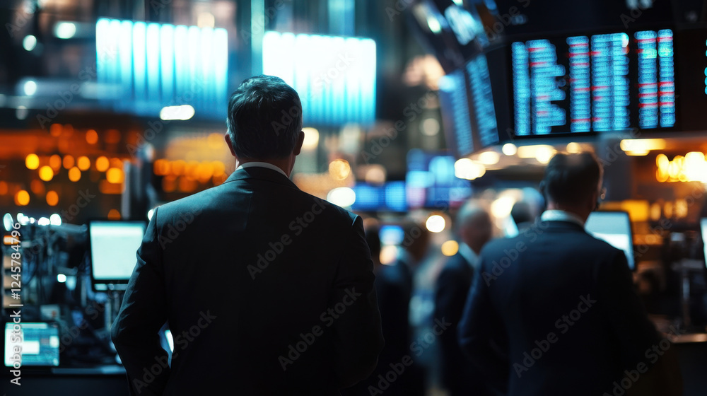A bustling stock exchange floor with traders in suits A bustling stock exchange floor with traders in suits
