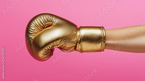 Golden boxing glove punching forward against a pink background symbolizing strength, luxury, and competition