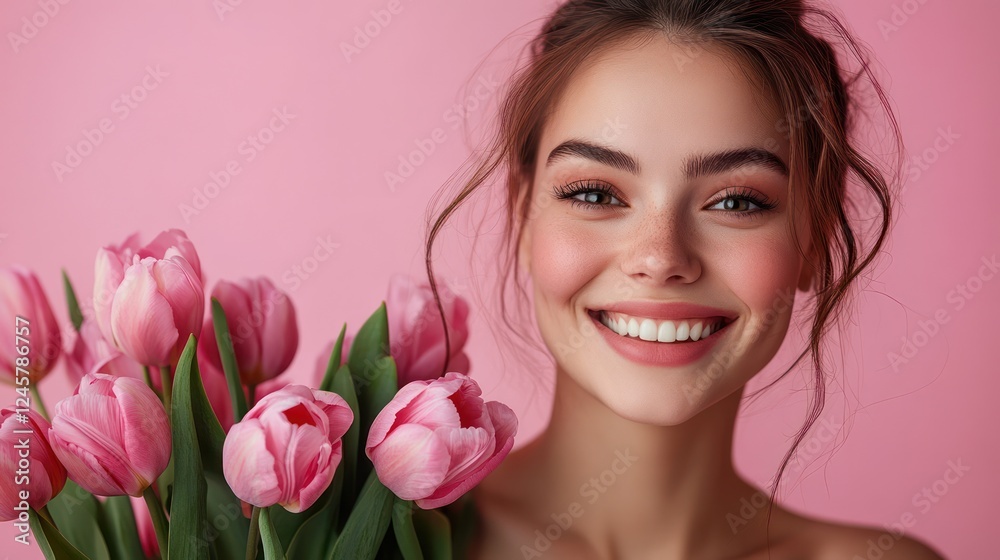 Smiling woman, tulips, pink background, beauty shot Smiling woman, tulips, pink background, beauty shot