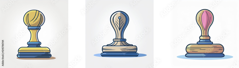 Three stamps with varying colors and textures are displayed on a plain background. Each stamp has a handle and base, suitable for office or craft use. Three stamps with varying colors and textures are displayed on a plain background. Each stamp has a handle and base, suitable for office or craft use.
