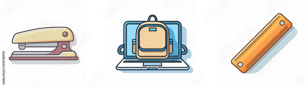 Naklejka premium Description: Office and school items are presented: a stapler, a laptop with a backpack, and a ruler. These are essential tools for work and learning.Keywords: