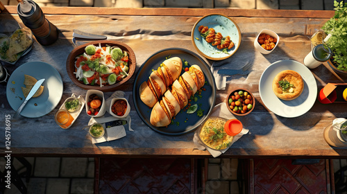 Rustic outdoor meal with sunlight and variety of dishes