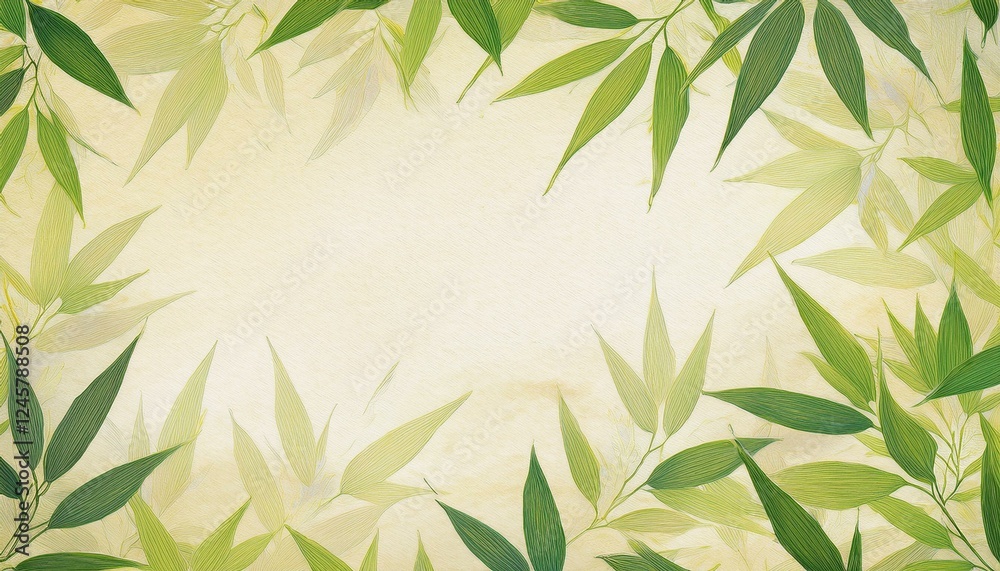 Naklejka premium ベージュの和紙に緑色の竹林の和風背景壁紙。コピースペースあり。aiで生成