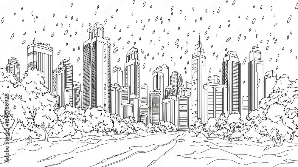 Snowfall over the City: A Stunning Black and White Cityscape Drawing Snowfall over the City: A Stunning Black and White Cityscape Drawing