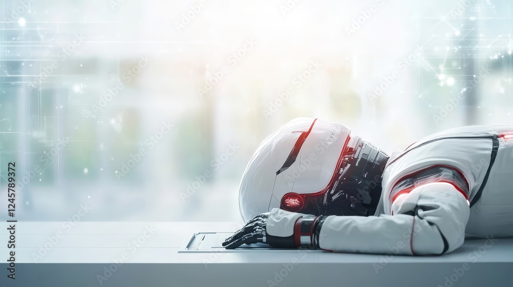 Fototapeta premium Futuristic Robot Resting on Charging Dock