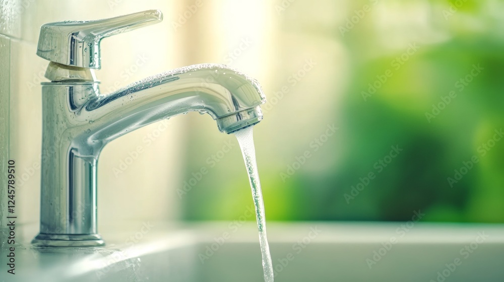 A dripping faucet under soft light highlights the importance of water conservation and eco-awareness, Earth Day concept A dripping faucet under soft light highlights the importance of water conservation and eco-awareness, Earth Day concept