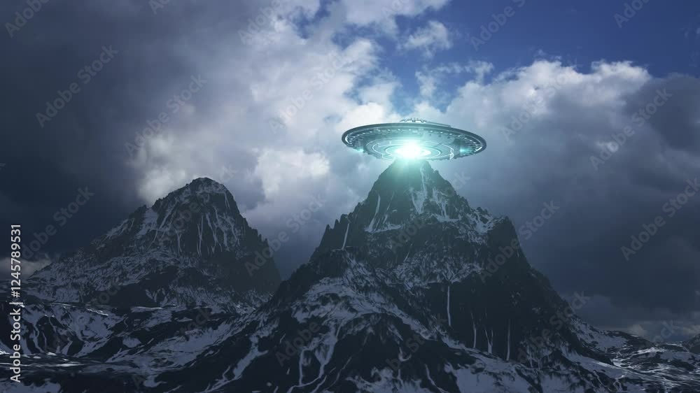 UFO Hovering Over Snowy Mountains

A glowing UFO hovers above a snowy mountain peak, emitting bright beams of light through the stormy sky, creating a mysterious and sci-fi atmosphere.
