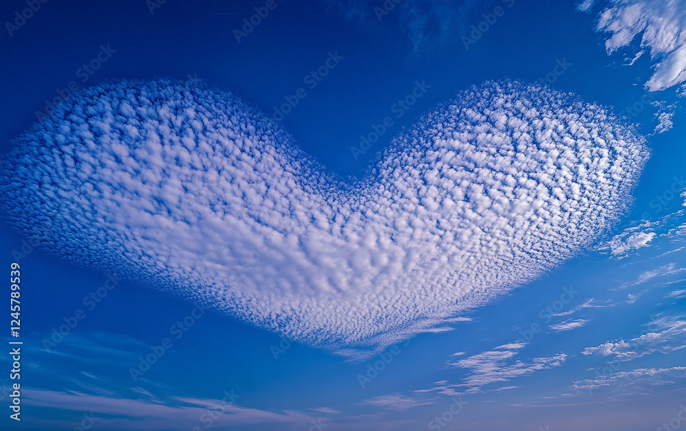Fototapeta premium A heart-shaped cloud forms a perfect pattern in the blue sky, symbolizing love and affection. The delicate white clouds stand out against the indigo background, creating a romantic and serene scene.