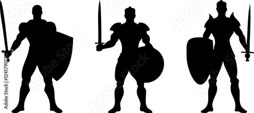 Silhouette of Warrior in Armor Holding Sword and Shield