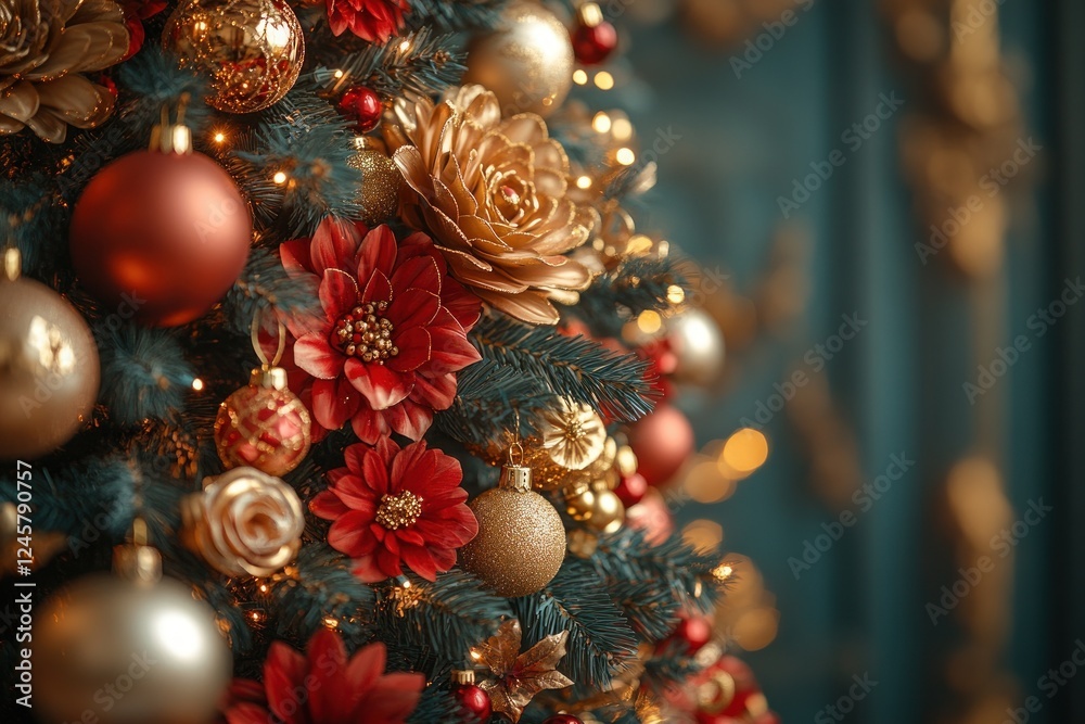 Beautiful Christmas Tree with Gold and Red Ornaments and Warm Lights for Merry Christmas and New Year Celebration Beautiful Christmas Tree with Gold and Red Ornaments and Warm Lights for Merry Christmas and New Year Celebration