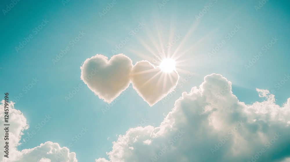 Fototapeta premium Two heart-shaped clouds float in the bright blue sky, symbolizing love on Valentine's Day. The sun shines through the white fluffy clouds, creating a dreamy and romantic atmosphere.