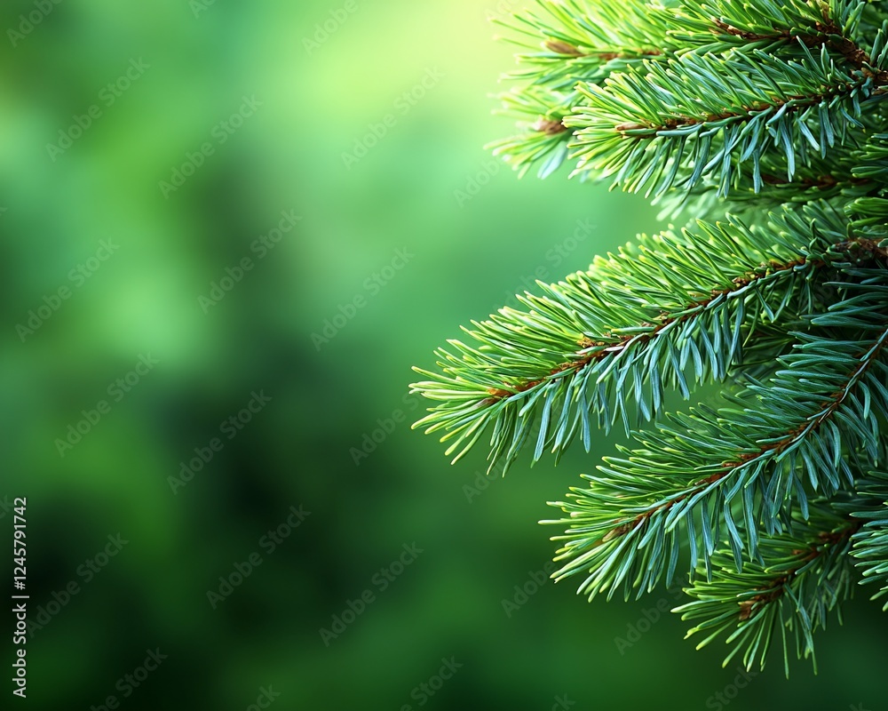 Evergreen branch, forest background, nature scene, holiday card Evergreen branch, forest background, nature scene, holiday card
