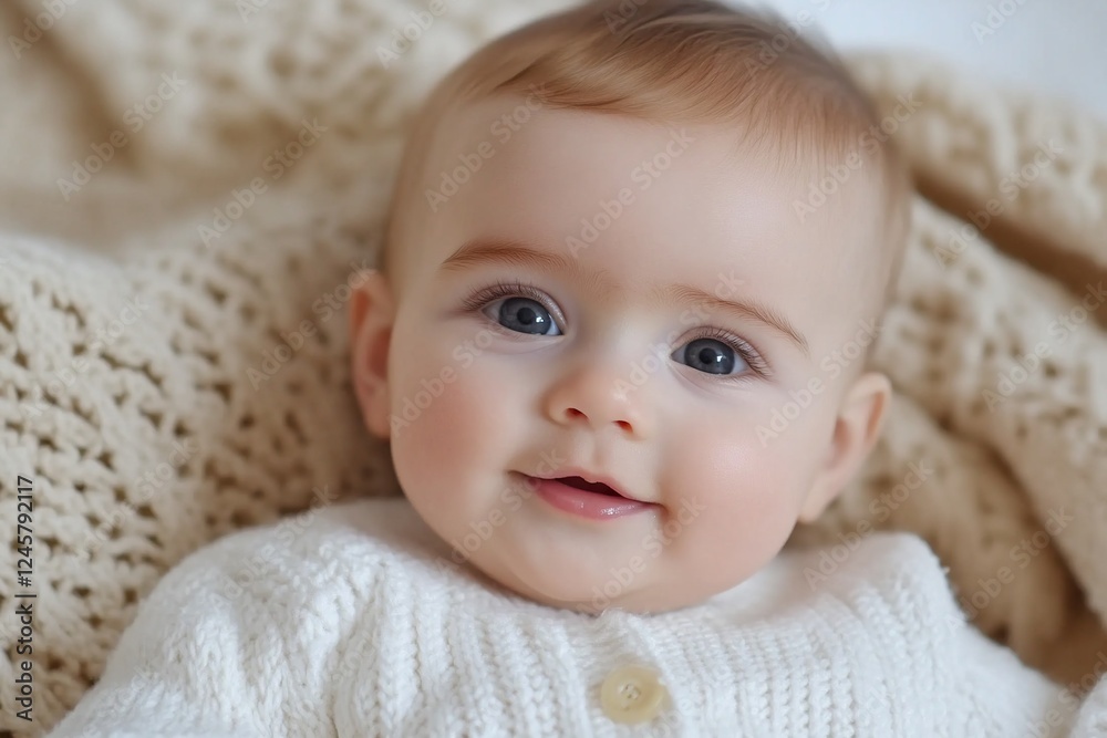 Happy baby in knitwear, smiling, cozy blanket background Happy baby in knitwear, smiling, cozy blanket background