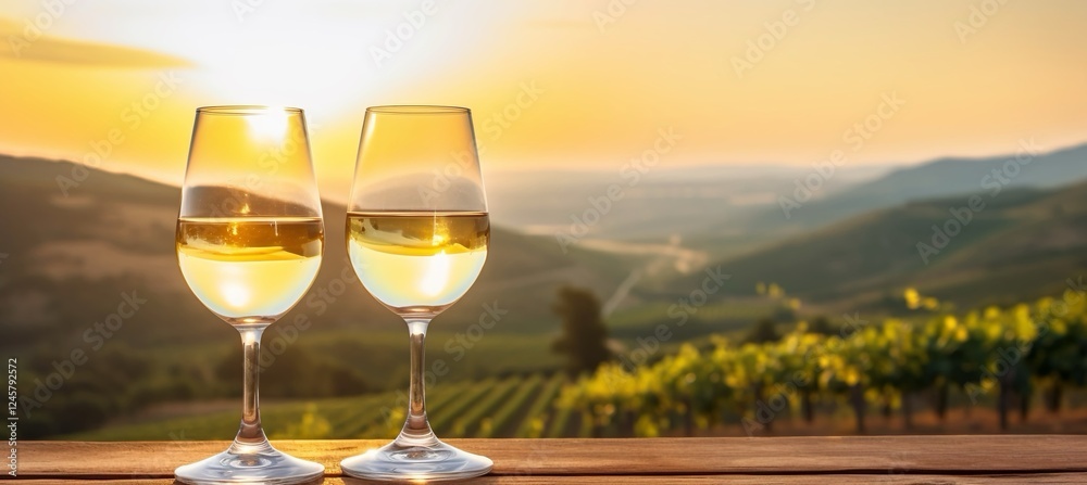 Obraz premium Due bicchieri di vino bianco su tavolo di legno sullo sfondo di un paesaggio di vigneti e colline al tramonto