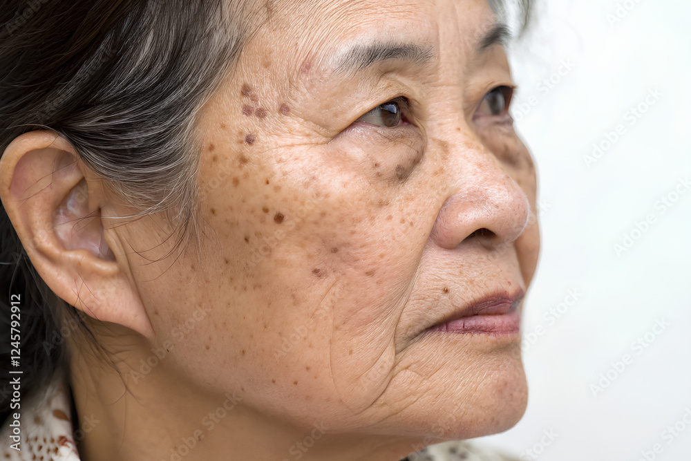Obraz premium Detailed Close-up of An older Asian woman's face showing dark age spots and pigmentation issues, highlighting skin aging and dermatology concerns