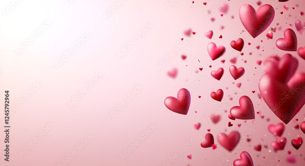 Flying hearts on a pink background create a festive, cheerful Valentine's Day design. This vector illustration is ideal for greeting cards or banners, featuring a flat design with space for text. Flying hearts on a pink background create a festive, cheerful Valentine's Day design. This vector illustration is ideal for greeting cards or banners, featuring a flat design with space for text.