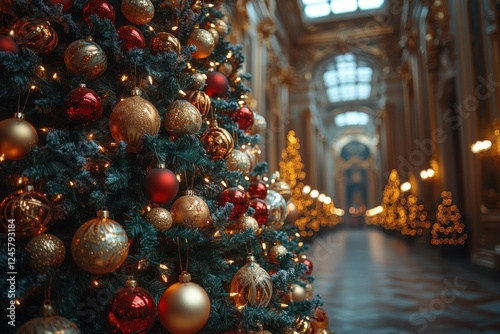 Christmas Tree Gold Red Ornaments Lights Festive Decorations Cozy Atmosphere Merry Christmas New Year Holiday