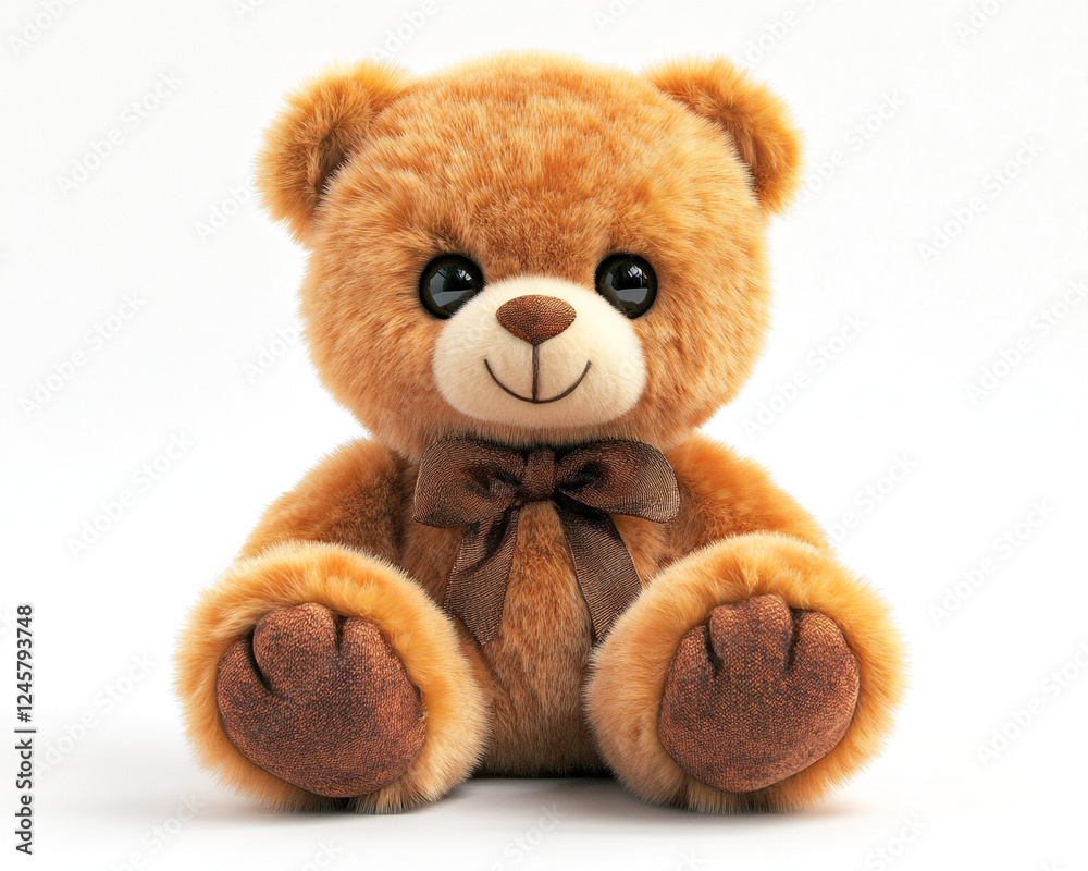 Obraz premium A teddy bear with large feet sits on the floor against a white backdrop. Its detailed fur, black eyes, and brown ribbon create a warm, inviting scene of comfort and joy.