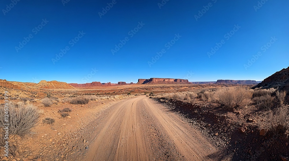 A dirt road winding through a vast desert landscape under a clear sky. A dirt road winding through a vast desert landscape under a clear sky.