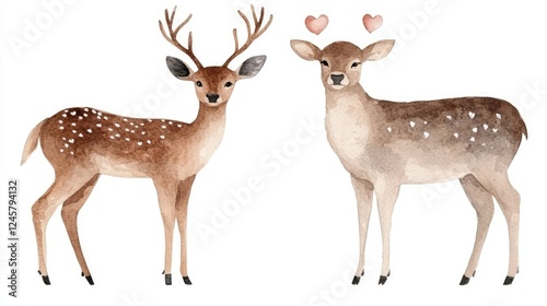 Wallpaper Mural Adorable Watercolor Deer Couple with Hearts and Gentle Expressions Watercolor Torontodigital.ca