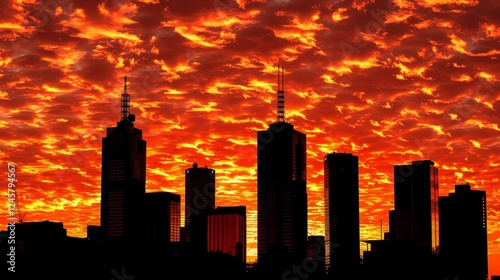 Majestic urban skyline at sunset  silhouettes of skyscrapers reflecting architectural grandeur photo