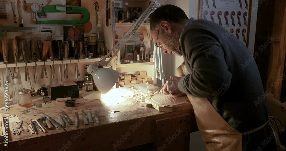 Slow motion shot of wood chips and shavings flying out as caucasian maker is carving belly bottom plate for a violin using gouge in workbench, tools in background, crafting a musical masterpiece Slow motion shot of wood chips and shavings flying out as caucasian maker is carving belly bottom plate for a violin using gouge in workbench, tools in background, crafting a musical masterpiece