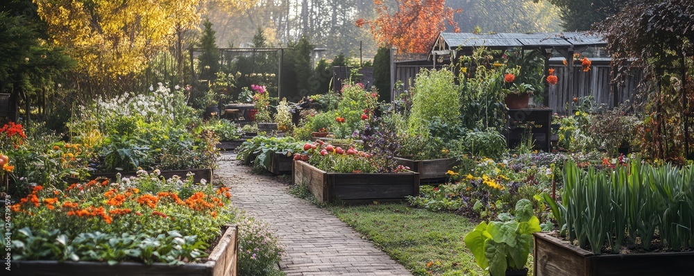 Obraz premium Vibrant garden representing seasons with snow and sun