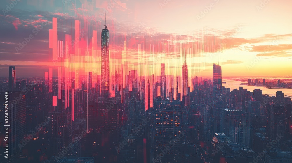 A conical projection of rising market indices towering above a melting city skyline, symbolizing the fragility of economic success and its precarious nature. A conical projection of rising market indices towering above a melting city skyline, symbolizing the fragility of economic success and its precarious nature.