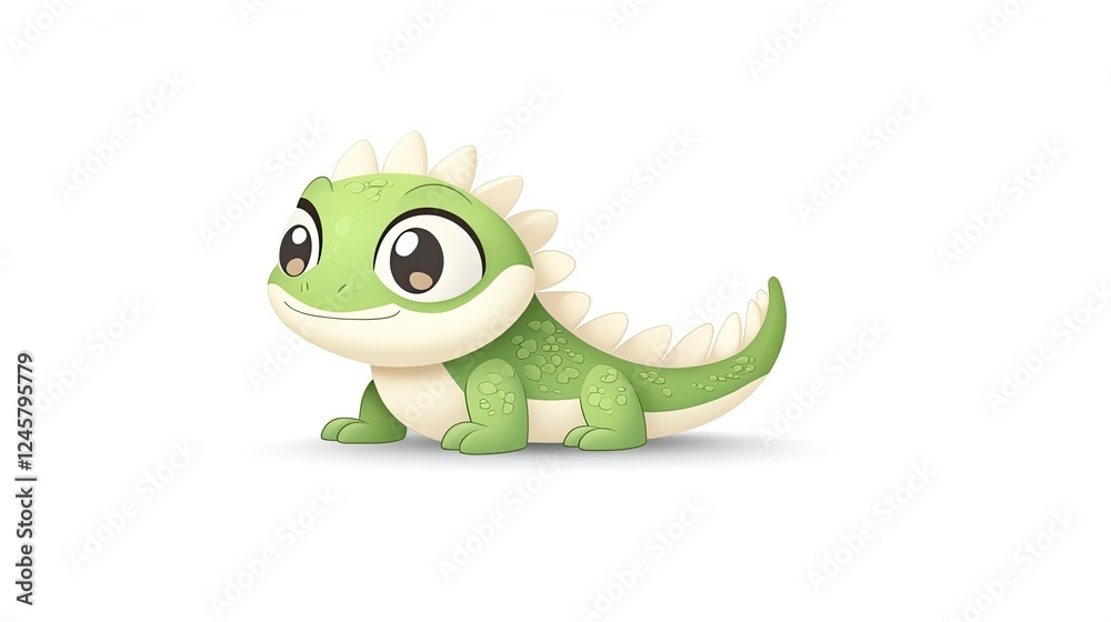 Fototapeta premium Cute green cartoon lizard character with big eyes and friendly expression on a white background