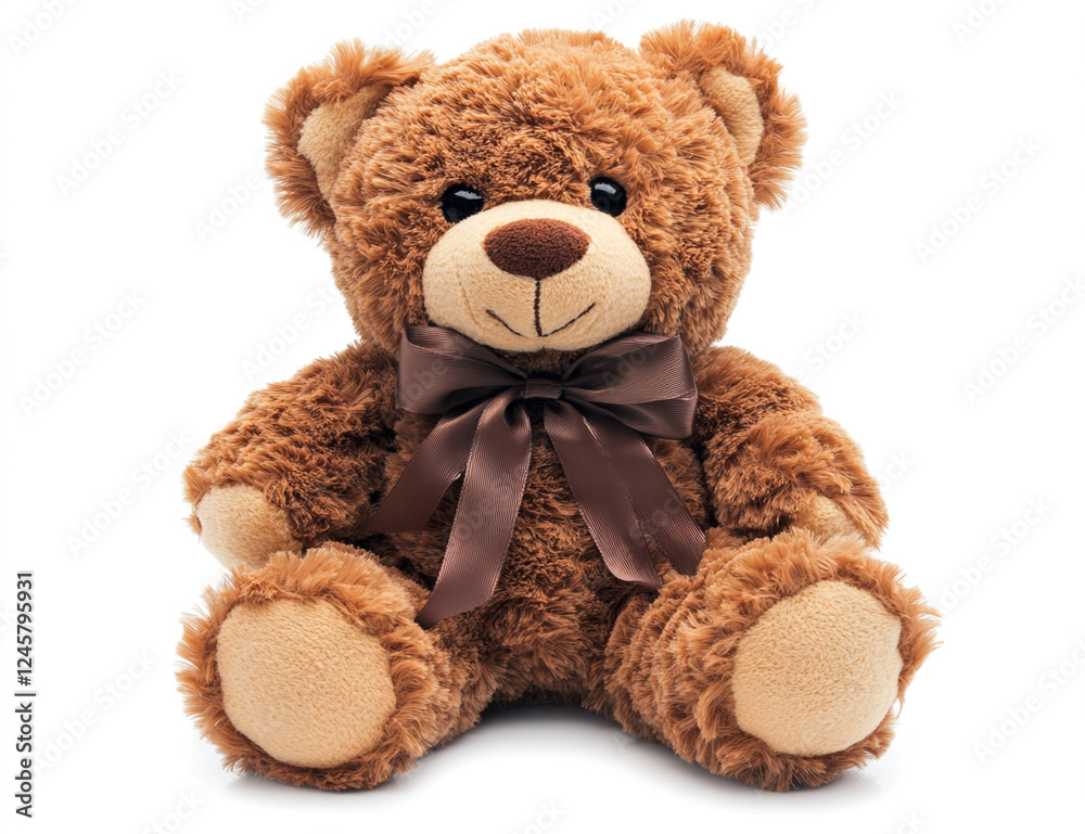 Obraz premium A cuddly teddy bear with a brown ribbon bow sits against a pure white background. Its soft fur and classic design make it a perfect symbol of warmth, nostalgia, and childhood memories.