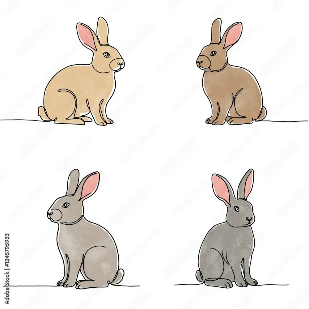 Fototapeta premium Collection of rabbits. Isolated line drawings with color spots. 