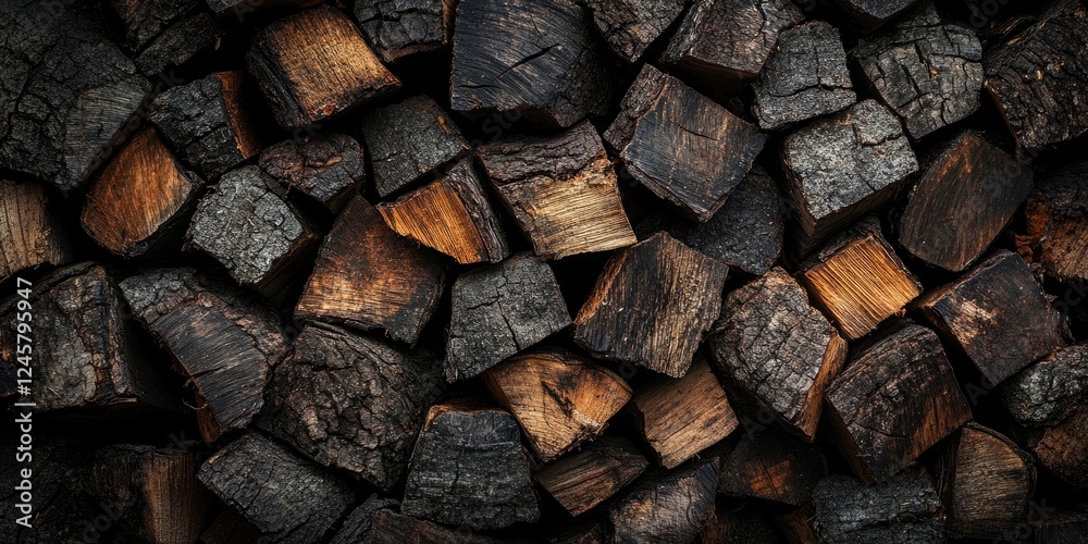 Textured dark firewood stacked against a black background showcasing rich browns and deep blacks ideal for natural composition and backgrounds Textured dark firewood stacked against a black background showcasing rich browns and deep blacks ideal for natural composition and backgrounds