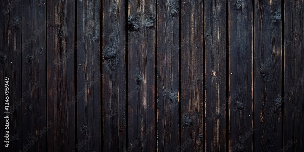 Fototapeta premium Dark textured wooden wall with deep brown and black hues, vertical planks positioned closely together, natural imperfections adding character.