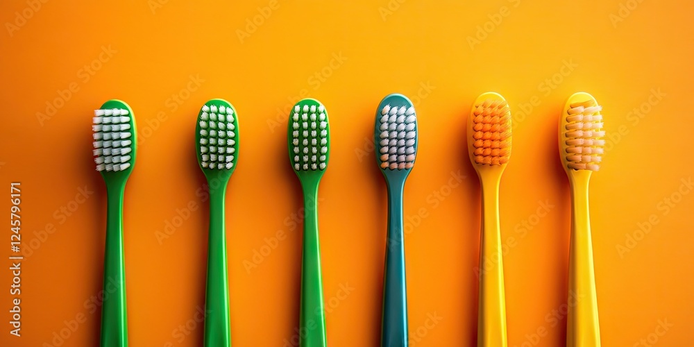 Colorful green and yellow toothbrushes arranged in a line against a bright orange background with even spacing and vibrant colors. Colorful green and yellow toothbrushes arranged in a line against a bright orange background with even spacing and vibrant colors.
