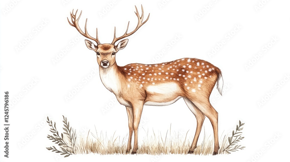 Fototapeta premium A detailed illustration of a spotted deer standing gracefully in a meadow surrounded by foliage