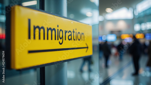  Airport immigration checkpoint, A bright yellow immigration sign hanging in an international terminal, travelers moving in the background with motion blur, modern airport lighting reflecting on sleek photo