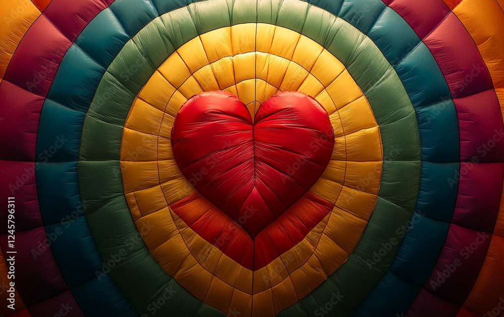 Fototapeta premium A view from inside a vibrant hot air balloon, with a large heart shape at its center. The rainbow colors form a mesmerizing pattern, creating a sense of wonder and excitement.
