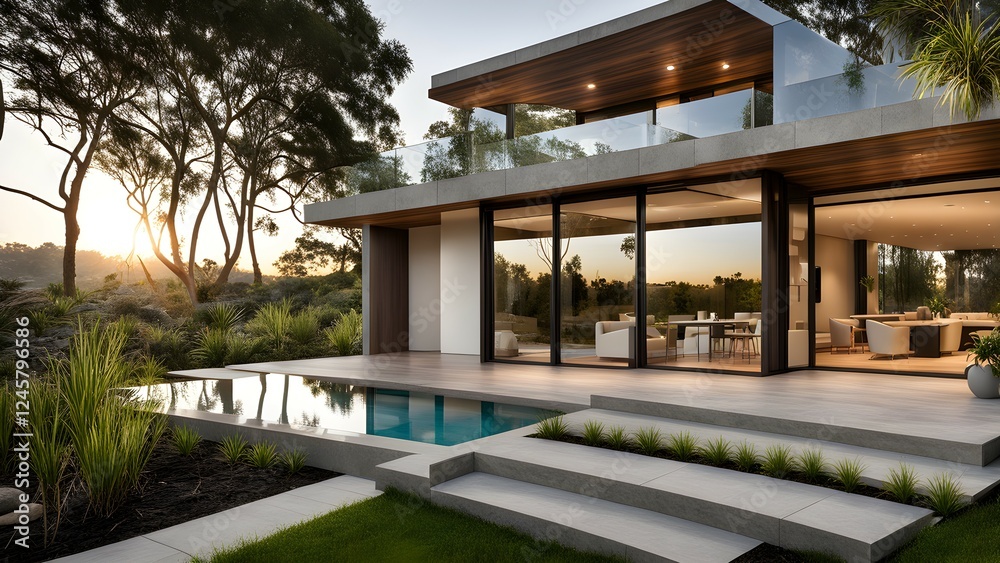 Obraz premium Modern house with a pool and landscaped garden at sunset.